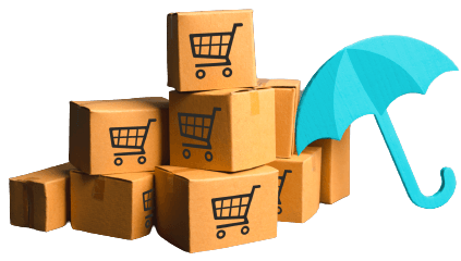 Символическое изображение гарантии: зонт, укрывающий коробки с товарами от нашего магазина.